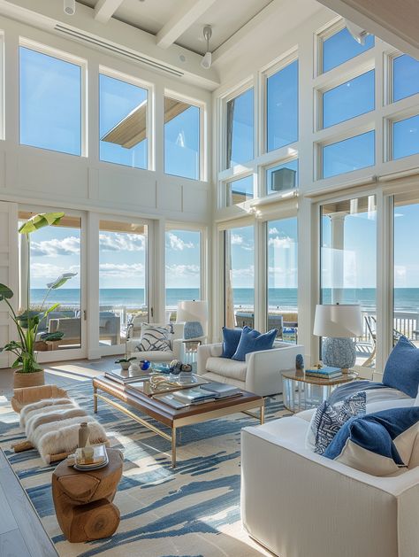 52 Elegant Blue and White Living Room Design and Decor Ideas – CreativeBooster Cozy Coastal Living Room, Glam Living Room Decor, Blue And White Living Room, Contemporary Decor Living Room, Beach House Living Room, Classy Living Room, Elegant Living Room Decor, Luxury Beach House, Classy Bedroom