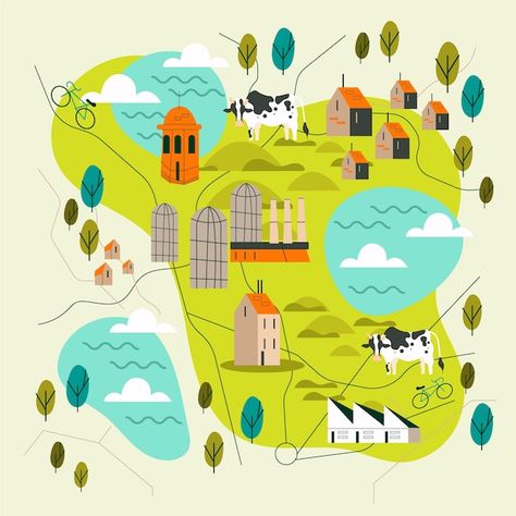 Town Map Illustration, Farm Map, Map Creator, Illustrated Maps, Map Illustration, Stock Portfolio, Town Map, Illustrated Map, Map Vector