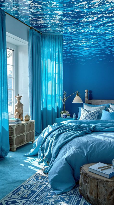 coastal bedroom decorating Sea Inspired Bedroom, Underwater Bedroom Theme, Underwater Room Aesthetic, Ocean Mural Bedroom, Under The Sea Bedroom Kids, Sea Blue Bedroom, Girls Ocean Bedroom, Kids Ocean Bedroom, Siren Bedroom