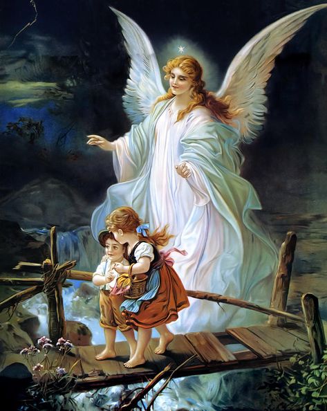 I had this picture in my room as a little child.  picture of angel with children on bridge - Bing Images Archanděl Michael, Angel Protector, Angel Posters, Hans Holbein, I Believe In Angels, Angel Prayers, My Guardian Angel, Religious Wall Decor, Angel Print