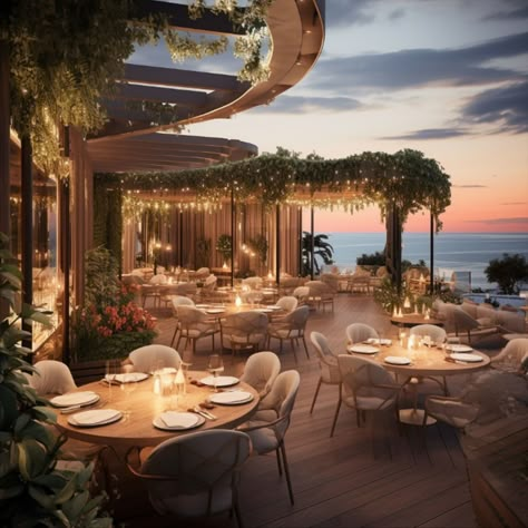 An impressive restaurant design, modern and minimally designed, with interior garden, sea view Restaurant Pool Design, Restaurant With A View, Costal Restaurant Interior Design, Poolside Restaurant, Luxury Resort Interior, Restaurant By The Sea, Tropical Restaurant, Sea Restaurant, Forest Restaurant