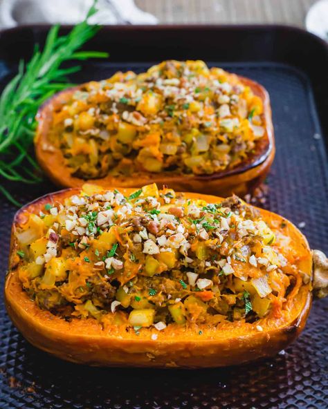 Honeynut squash is a sweet miniature winter squash perfect for roasting and stuffing with a quick and easy fall inspired filling. Stuffed Pumpkin Recipes, Honeynut Squash Recipes, Stuffed Honeynut Squash, Winter Squash Varieties, Honeynut Squash, Whole30 Meals, Winter Squash Recipes, Buttercup Squash, Cooking Vegetables