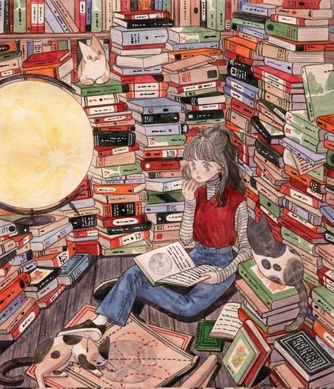 Biblioteca San Valentino Librarian Illustration, Girl In Library, Library Studying, Library Drawing, Library Girl, Cozy Library, Storybook Homes, Animal Books, Book Genres