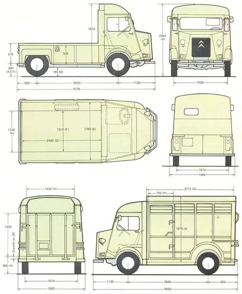 Type HY / dimensions Blueprint For 3d Modeling, Citroen Type H, Citroen H Van, Mobile Catering, Citroen Car, Food Truck Design, Volkswagen Transporter, Power Cars, Mini Car