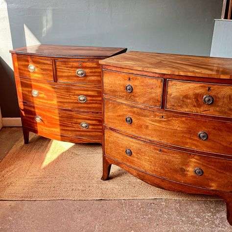 A fantastic duo of regency mahogany bow fronted chest of drawers!! Wonderful colour and great small sizes. We can provide the full details for either or both. #regencychestofdrawers #regencyfurniture #antiquechestofdrawers #antiques #antiquesforsale #treasuryantiques #countryhouseinteriors Antique Chest Of Drawers, Regency Furniture, Antique Chest, Antiques For Sale, Lovely Colors, Chest Of Drawers, Antique Furniture, Drawers, Furniture