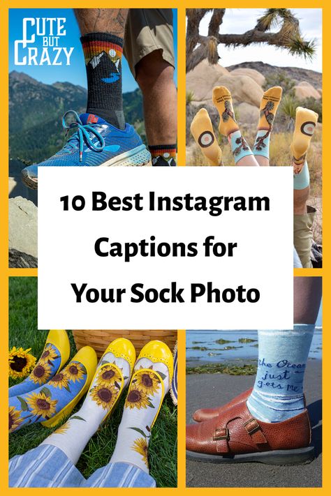 Show off your unique sock collection from Cute But Crazy Socks to all your followers with these helpful tips! These post suggestions and creative captions are sure to engage your audience and elevate your visual content. Snap a picture of your awesome socks and share your sock selfie with one of these catchy photo captions. Be sure to tag #cutebutcrazysocks so we can see all your amazing looks! Socks Captions Instagram, Socks Photography Ideas, Funky Socks Outfit, Crazy Socks Outfit, Sock Puns, Creative Captions, Best Instagram Captions, Socks Photography, Photo Captions