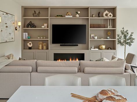 Media Wall With Fireplace And Tv And Shelves, Bookshelf Media Wall, Taupe Media Wall, Beige Media Wall, Built In Display Cabinet Living Room, Tv Bookcase Wall Fireplace, Fitted Cabinets Living Room, Living Room Media Wall Ideas With Fireplace, Neutral Media Wall