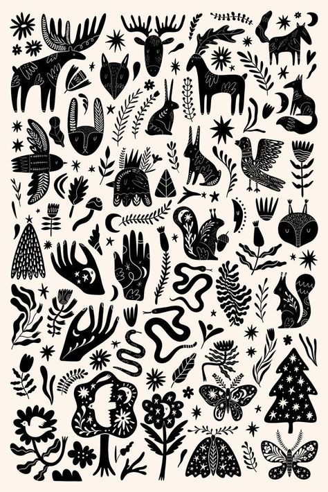 Woodland Bundle Folk Art Illustration Patterns, Scandinavian Folk Tattoo, Lino Print Style Tattoo, Folk Tattoo Indie, Linocut Tattoo, Woodland Tattoo, Folk Art Tattoo, Nordic Illustration, Folk Tattoo