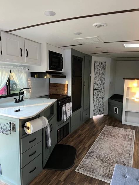 Fifthwheel Remodel, Trailer House Remodel, Rv Renovation Ideas, Camper Updates, Rv Updates, Rv Kitchen Remodel, Yard Office, Trailer Redo, Camper Renovations