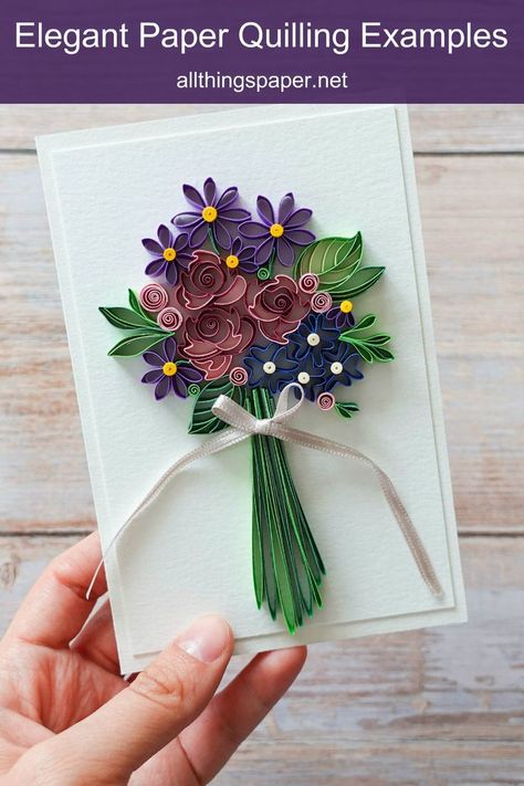 quilled card featuring bouquet of mixed color on-edge flowers with stems tied with narrow white ribbon Quilling Flower Bouquet, Quilling Supplies, Quilling Letters, Paper Art Sculpture, Paper Greeting, Quilled Paper Art, Flower Letter, Handmade Card Making, Paper Bouquet