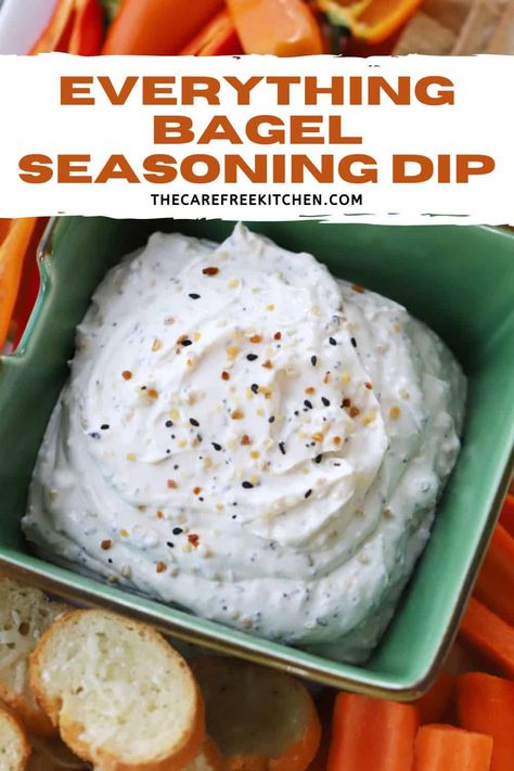 This Everything But the Bagel Dip is one of our simplest recipes ever, taking less than 5 minutes to prep. It’s made with a cream cheese base that’s lightened with sour cream and flavored with everything bagel seasoning. Just add your favorite dippers for a simple, healthy snack! #thecarefreekitchen #dip #everythingbagelseasoning #appetizer #colddip #partysnacks #gamedaysnacks Everything Bagel Appetizer Recipes, Everything But The Bagel Dip, Bagel Dip Recipe, Everything Bagel Dip, Bagel Dip, Cream Cheese Recipes Dip, Cold Dips, Everything But The Bagel, Everything Bagel Seasoning