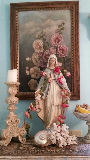 Home Decor By Corrabelle Rose Catholic Decor Home Ideas, Virgin Mary Altar, Mother Mary Statue Decoration At Home, Garden Virgin Mary, Virgin Mary Home Altar, Virgin Mary Shrine, Catholic Home Altar, Family Altar, Home Altar Catholic