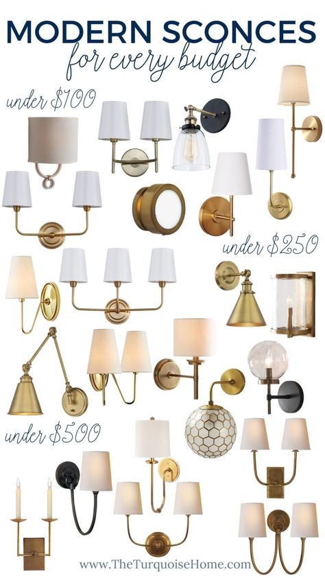 Modern Wall Sconces for Every Budget - The Turquoise Home Bathroom 3 Light Fixtures Over Mirror, Kitchens With Wall Sconces, Cottage Style Wall Sconces, Off Center Bathroom Sink, Living Room Wall Sconces, Farmhouse Style Lighting, Cabinet Diy, Sconces Living Room, Washington Heights