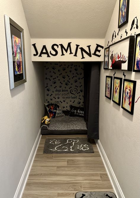 Understairs Dog Area, Dog Bedroom Under Stairs, Under Stairs Dog Room, Office Dog Room, Cat Cubby, Indoor Dog Room, Dog Under Stairs, Pet Closet, Dog Room Design