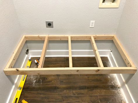 How To Build A Laundry Room Pedestal, Built In Laundry Pedestal, Washer Dryer Platform Diy, Washing Machine Riser Diy, Diy Laundry Platform, Laundry Room Platform Ideas, Laundry Station Diy, Laundry Riser Diy, Washing Machine Stand Diy