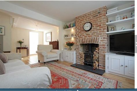 Exposed Brick Chimney Living Rooms, Exposed Chimney Living Room, Exposed Brick Fireplace Living Room, Small Victorian Living Room, Fireplace And Shelves, Brick Fireplace Log Burner, Exposed Brick Fireplace, Grey White Living Room, Brick Chimney Breast