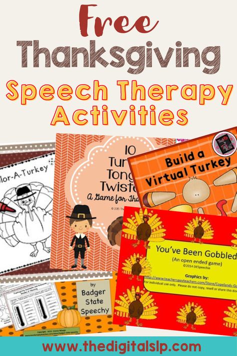 Looking for fun speech therapy activities this Thanksgiving? I've rounded up five Thanksgiving speech therapy freebies. It features fun Thanksgiving speech therapy games and language activities you can enjoy with your students. | The Digital SLP Thanksgiving Speech And Language Activities, Turkey Speech Therapy Activities, November Speech And Language Activities, Virtual Speech Therapy Activities, Thanksgiving Articulation Activities, Slp Thanksgiving Activities, Thanksgiving Slp Activities, Speech Thanksgiving Activities, November Speech Therapy Activities