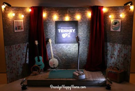 DIY Tenney's Stage: Lighting Basement Stage Ideas, Diy Platform Stage, Karaoke Stage Ideas, Diy Karaoke Stage, Open Mic Stage, Mini Stage Design, Music Stage Design, Small Stage Design, Makeshift Stage