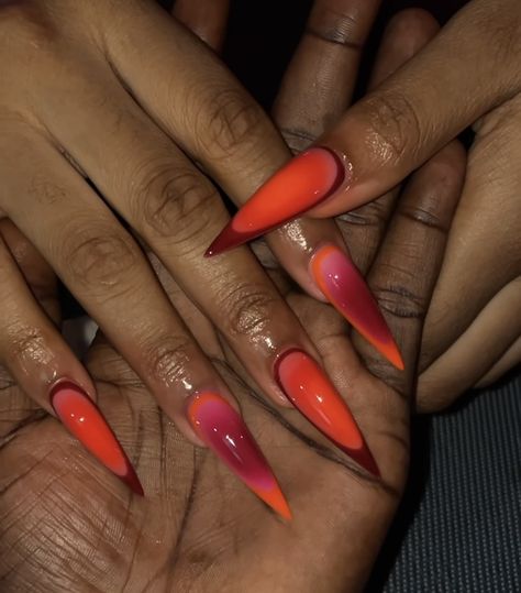 Orange Stiletto Nails Designs, Orange Stiletto Nails, Carribean Nails, Red Orange Nails, Hair Artwork, Red Ombre Nails, Orange Nail Designs, Cow Nails, Super Cute Nails