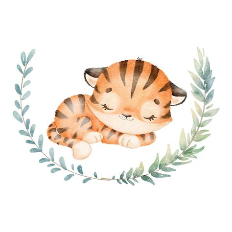 Baby Tiger Art, Cute Watercolor Animals, Cartoon Parrot, Forest Animals Illustration, Birds Cute, Tiger Kids, Mouse Illustration, Tiger Drawing, Cartoon Tiger