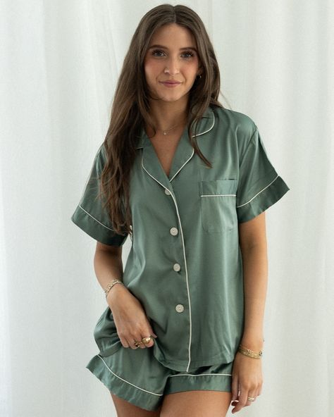 MOSS GREEN - color of the summer? I think YES! 🪩 🌵 so luxe and so soft, get your hands on these ultra smooth pajamas today! ✨ link in bio to shop Green Satin Pajamas, Sorority Pajamas, Phi Sigma Rho, Sorority Names, Alpha Sigma Tau, Eucalyptus Green, Pyjama Satin, Alpha Xi, Alpha Xi Delta