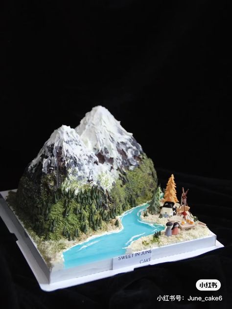 Landscape Cake Ideas, Mountain Cake Design, Mountain Dessert, Landscape Cake, Carving Cake Recipe, Art Cake Design, Lake Cake, Map Cake, Mountain Cake