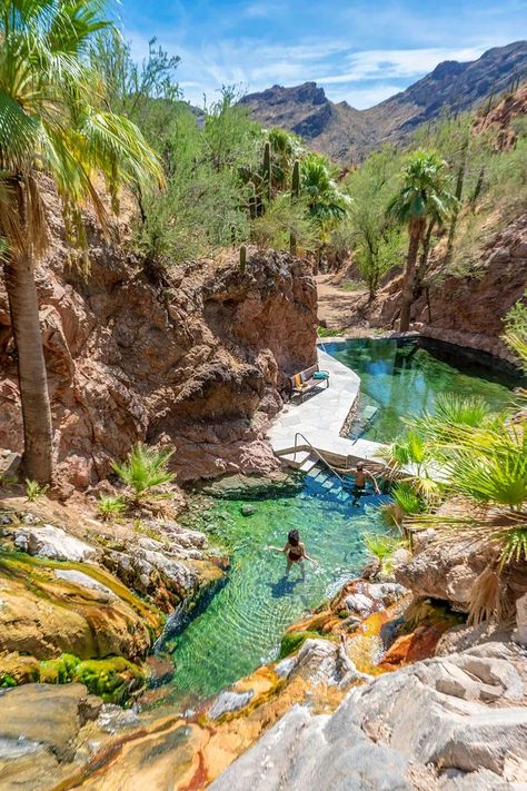 Castle Hot Springs, Arizona | From comfortable resorts that revolve around effervescing pools of hot water surging up from underground to remote hot springs that require you to snowmobile or dogsled in for the reward, the US is home to some of the most diverse spots on the planet for a natural soak outside. Hot Springs In The Us, Colorado Springs Vacation, Arkansas Vacations, Iron Mountain, Hot Springs National Park, Spring Resort, Dog Sledding, Travel Goals, America Travel