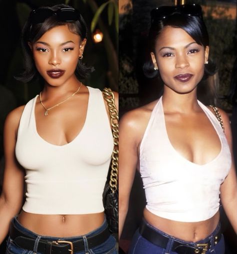 R&b Fashion 90s, 1999 Fashion Black Women, 90s Casual Outfits Black Women, 1990 Black Women, Nia Long 90s Makeup, 90s Style Outfits Black Women, Early 2000s Fashion Black Women Summer, 90s Famous Women, 90s R&b Style