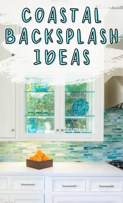 Beach Color Palette Living Room, White Coastal Kitchen Backsplash, Backsplash Coastal Kitchen, White Kitchen Aqua Backsplash, Coastal Bathroom Backsplash, Beach Condo Kitchen Backsplash, Beach House Kitchen Splash Back, Beach Tile Backsplash, Coastal Peel And Stick Backsplash