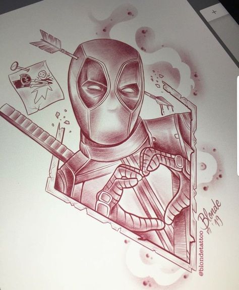 Deadpool Tattoo Ideas Black And White, Deadpool Flash Tattoo, Deadpool Tattoo Black And White, Deadpool Drawing Sketches, Deadpool Tattoo Design, Marvel Tattoo Design, Deadpool Tattoo Ideas, Movie Character Sketch, Deadpool Tattoo