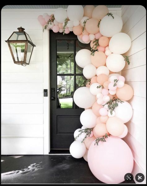 Pink Balloon Arch Bachelorette, Pink Pastel Balloon Garland, Pink Balloon Arch With Greenery, Pink And White Balloon Arch Birthday, Balloon Garland Pink And White, Pink Bridal Shower Balloon Garland, Balloon Arch In House, Pink White Balloon Arch, Balloon Garland Floral