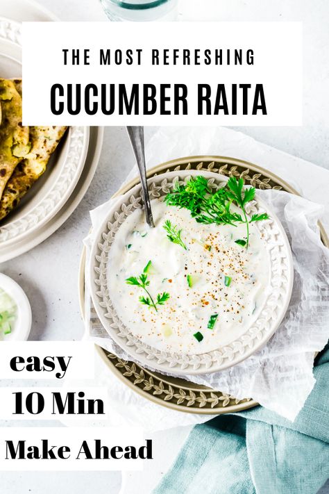 Curry And Naan, Raita Recipe Indian, Indian Raita, Cucumber Raita Recipe, Best Indian Recipes, Raita Recipe, Cucumber Raita, Indian Side Dishes, Cucumber Yogurt