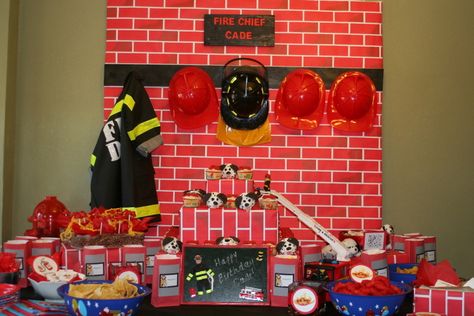 fire fighter party | Fireman Party Table Back Drop and Cupcake Stand Firefighter Bedroom, Firefighter Room, Truck Theme Birthday, Fireman Party, Firetruck Birthday Party, Fire Truck Party, Fireman Birthday, Firefighter Party, Firefighter Birthday