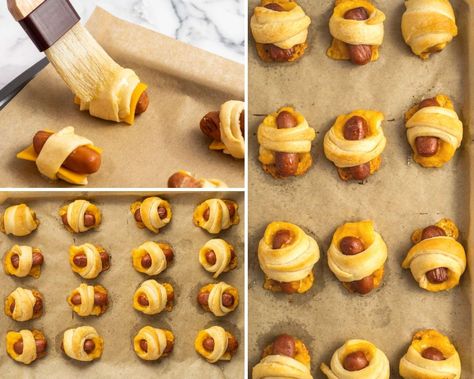 Pigs in a Blanket is the easiest and most loved appetizer. Popular with adults and kids alike, a pan of mini crescent dogs is always welcome at any party. Small Hot Dog Appetizers, Mini Hotdogs Appetizer, Mini Hot Dogs In Crescent Rolls, Mini Hot Dog Recipes, Mini Pigs In A Blanket, Small Hot Dogs, Mini Hotdogs, Hot Dog Appetizers, Crescent Dogs