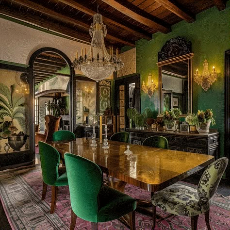 Elegant Green Maximalist Dining Area [Room Inspiration] Green Dining Room Tables, Dark Maximalist Dining Room, Artistic Dining Room, Vintage Maximalist Dining Room, Jewel Tone Dining Room, Blue Green Dining Room, Emerald Green Dining Room, Gold And Green Room, Dark Green Dining Room