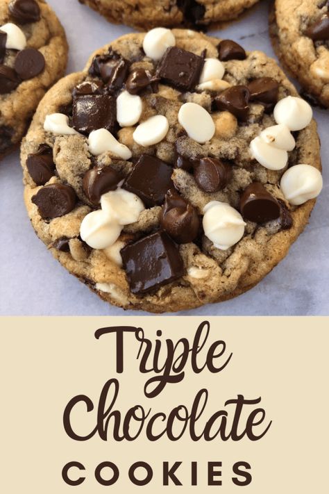 Gourmet Chocolate Chip Cookies, Deep Dish Cookie, Crumble Cookie Recipe, Triple Chocolate Chip Cookies, Chip Recipes, Me When He, Triple Chocolate Cookies, White Chocolate Chip, White Chocolate Chip Cookies