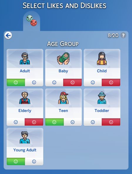 Age Group Custom Preferences | Vicky Sims (chingyu1023) on Patreon Preferences Plus Sims 4, Sims 4 More Preferences, Sims 4 Preferences Cc, Sims 4 Preference, Sims 4 Cc Preferences, Sims 4 Age Mod, Highschool Mod Sims 4, Sims 4 Likes And Dislikes Mod, Sims 4 Cc Couple Mods