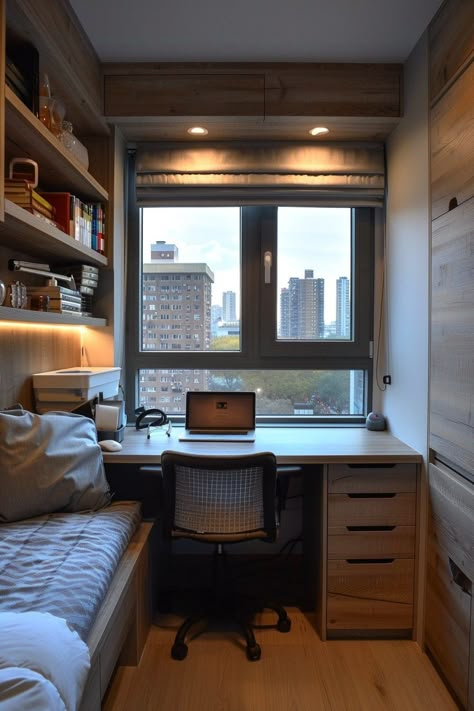 Compact Dorm Desk Solutions Near Window Contemporary Dorm Room, Desk By Window, Desk By The Window, Classic Dorm Room, Modern Dorm Room, Small Room Setup, Dorm Room Desk, Minimalist Dorm, Beautiful Office Spaces