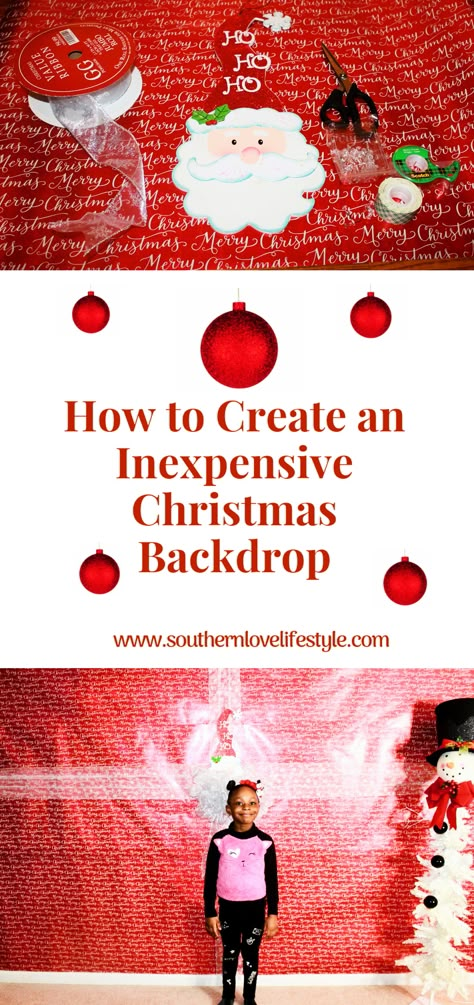 Hey Y'all! A Christmas backdrop is something that is needed at any holiday party.  In this post, I’m going to show y’all how to make an inexpensive backdrop with wrapping paper.  I am extremely excited because I love to entertain and the best thing about throwing parties are the memories that are being made. I am also a photographer, so I am believer in taking pictures at any event that I have or any event that I attend. #christmaspartyideas#christmasdecoratingideas#diy#christmasdecor# Christmas Backdrops For Photos Diy Simple, Wrapping Paper Backdrop Christmas, Holiday Backdrop Ideas Diy Photo Booth, Wrapping Paper Photo Backdrop, Christmas Photo Back Drop Ideas, Diy Christmas Backdrops For Photos, Diy Christmas Picture Backdrop Ideas, Diy Holiday Backdrop Ideas, Diy Christmas Backdrop Ideas Backgrounds