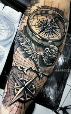 Voll Arm-tattoos, Nautical Tattoo Sleeve, Pirate Tattoo, Compass Tattoo Design, Map Tattoos, Explore Tattoo, Cool Arm Tattoos, Forearm Sleeve Tattoos, Muster Tattoos