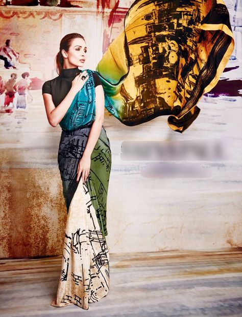 A Satya Paul saree. Artistic Saree With Traditional Patterns, Maya Sarabhai Blouse, Quirky Saree Prints, Satya Paul Sarees, Printed Satin Saree, Satya Paul, Dress Designing, Wedding Saree Collection, Burlesque Costumes