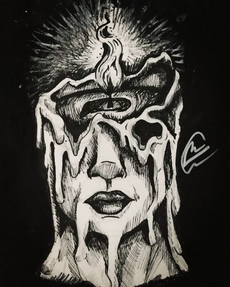 Black and White ink drawing of a face, with a candle, wax burning down Artist Aesthetic Drawing, Masked Face Drawing, Burn Drawing, Burn Out Drawing, Ethereal Art Drawing, Melted Wax Art, Caring Drawing, Melting Flesh Drawing, Burning Drawing