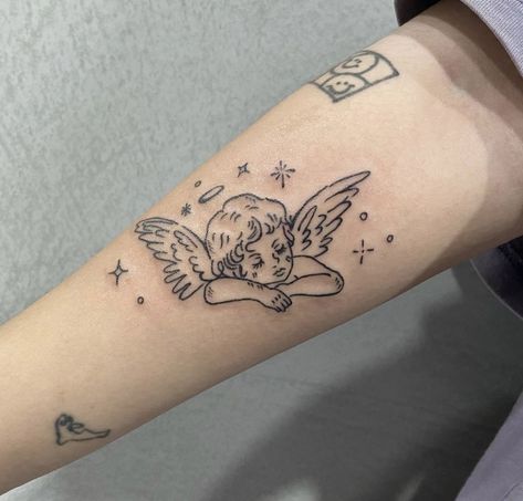 Angel Tattoo Thigh, Angel Line Tattoo, Cutesy Tattoos, Jojo Tattoo, Maximalist Nails, Cherub Tattoo Designs, Angle Tattoo, Minimal Tattoo Designs, Minimal Tattoo Ideas