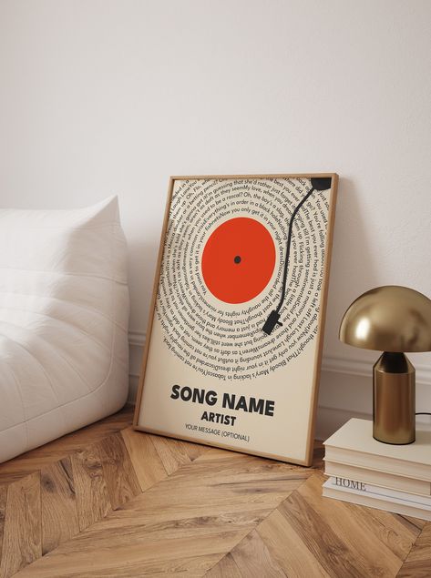 Capture the essence of your favorite song with our "Custom Song Lyrics Print" wall poster. Featuring a vintage-inspired vinyl record adorned with the heartfelt lyrics of your choice, this personalized artwork adds a touch of nostalgia and musical charm to any space. Whether it's a cherished wedding song, a memorable tune from your favorite band, or lyrics that hold special meaning, this poster transforms your favorite melodies into a visual masterpiece. Perfect for music enthusiasts, couples cel Music Posters Ideas, Painting Ideas For Wedding Gift, Gallery Wall Posters, Poster Decorating Ideas, Room Inspo Posters, Bedroom Posters Wall Ideas, Song Poster Design, Music Gift Ideas, Anniversary Gift Ideas For Him