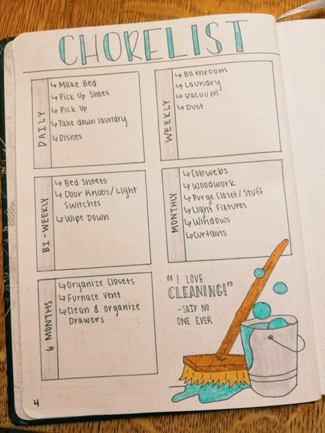 Chore Chart - bullet journal Chores Journal Ideas, Cute Lists Bullet Journal, Bujo Chore Tracker, Chore Tracker Bullet Journal, Bullet Journal Chore Tracker, Bujo Cleaning Tracker, Bullet Journal Templates Layout, Bullet Journal To Do List Layout, Chore Chart Ideas Diy