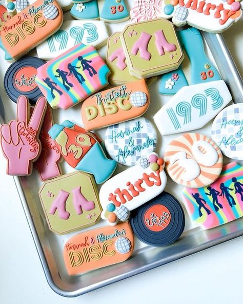 70s Themed Birthday Cookies, 70s Theme Cookies Decorated, Disco Party Cookies Decorated, Disco Cookies 70s, 70s Cookies Decorated, Abba Cookies, Disco Themed Cookies, Disco Birthday Cookies, Disco Ball Sugar Cookies