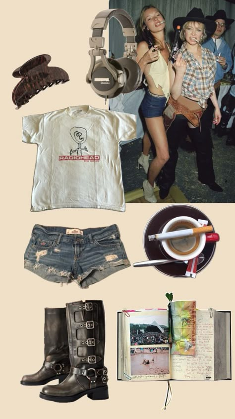 Radiohead tshirt, shorts, Kate Moss, coffee, hair clip, headphones, diary, boots Radiohead Shirt Outfit, Radiohead Outfit, Radiohead Tshirt, Coffee Hair, Concert Outfits, Radiohead, Different Outfits, Kate Moss, Concert Outfit