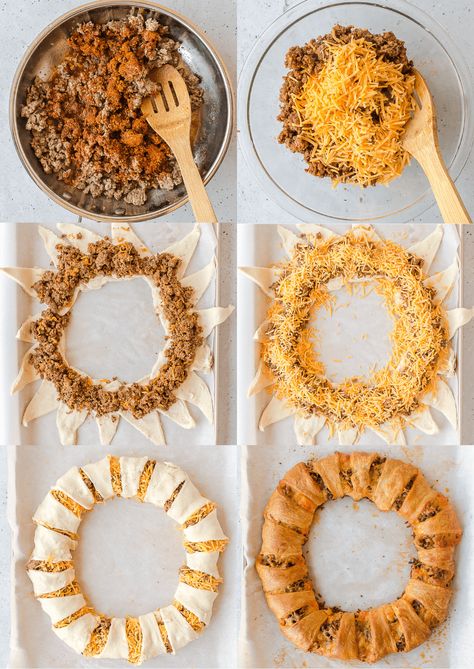 Taco Ring is an easy party appetizer no one can resist! Cheesy taco meat is tucked into crescent roll dough and served with taco toppings! Crescent Roll Ring Recipes, Crescent Roll Taco Ring, Taco Crescent Rolls, Taco Crescent Ring, Taco Ring Recipe, Taco Ring, Taco Toppings, Hot Cocoa Cookies, Crescent Recipes