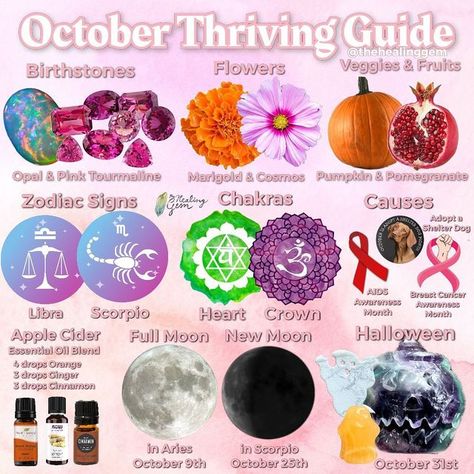 The Healing Gem | Crystal Shop on Instagram: "It’s my birthday month OCTOBER!!! Happy October Crystal Fam! 🍁🤗💕 I have created a guide to help you tackle the month like the badass you are!! ⁣ ⁣ What are you looking forward to this month? 🖤👻⁣ ⁣ #thehealinggem #october #octoberlove #octoberishere #thriving #opal #tourmaline #marigold #cosmos #libra #libraseason #libraseason♎️ #scorpio #scorpioseason #heartchakra #crownchakra #chakras #breastcancerawareness #breastcancerawarenessmonth #aidsawar October Crystals, Libra Flower, October Libra, Halloween Apples, Month October, My Birthday Month, Aids Awareness, Libra Season, Scorpio Season