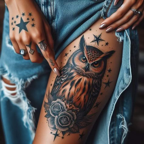 Owl Tattoo For Women, Cute Thigh Tattoos, Mystical Tattoos, Tattoos To Cover Scars, Feminine Tattoo Sleeves, Scary Tattoos, Tattoos For Women Flowers, Tasteful Tattoos, Leg Tattoos Women